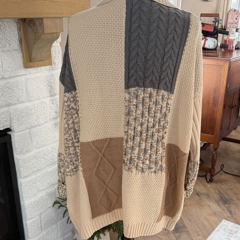 BKE Patchwork Knit Cardigan in Cream and Brown - Picture 7 of 7
